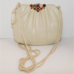 Judith Leiber‎ Vintage Beige Karung Leather Multi Cabochon Clutch Crossbody Bag